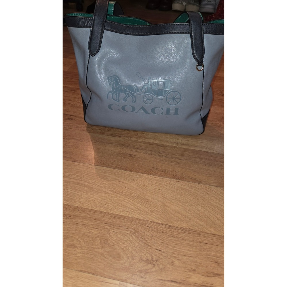 Coach Horse and Carriage Tote Bag Blue Green Pebble Leather F25928